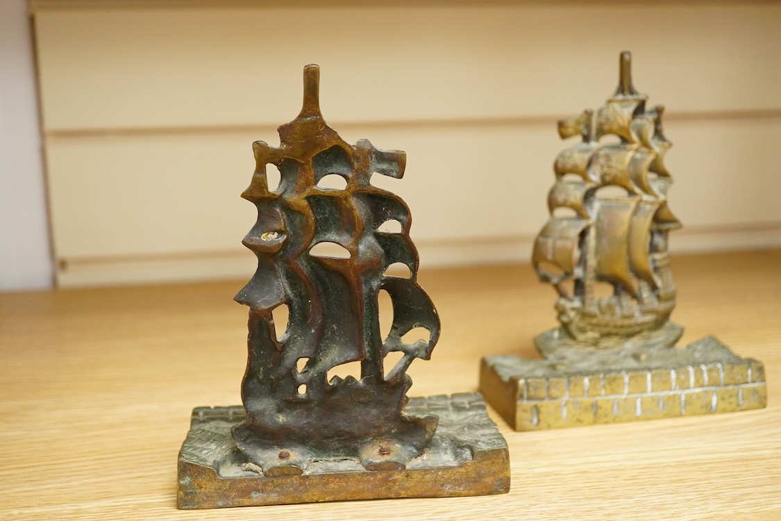 A pair of Maritime interest brass bookends in the form of galleons, 17cm high